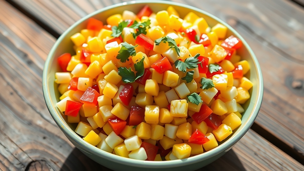 Fresh and Zesty Corn Salad Recipe A vibrant corn salad with yellow corn, red and green peppers, and cilantro, served in a bowl on a wooden table.